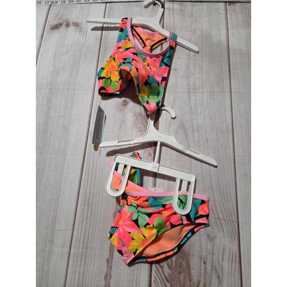 Cat & Jack‎ Girls Tropical Floral Bikini Set UPF 50+ Pink Orange Size S 6/7 NWT